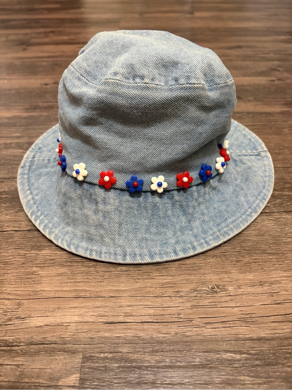 Light Blue Denim Bucket Hat with Red, White & Blue Flower Trim